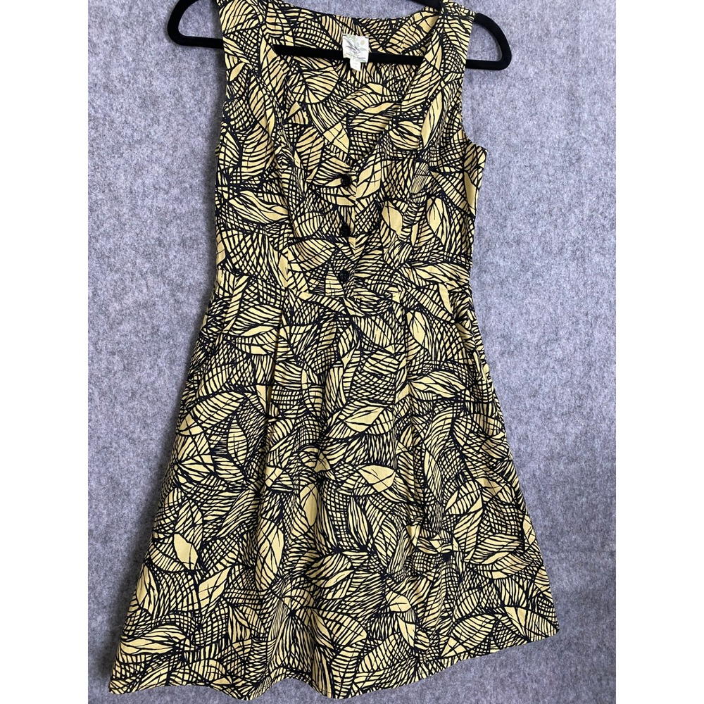 Anthropologie Weston Wear Yellow Black Emerging Leaves Sleeveless Dress‎ Size 4